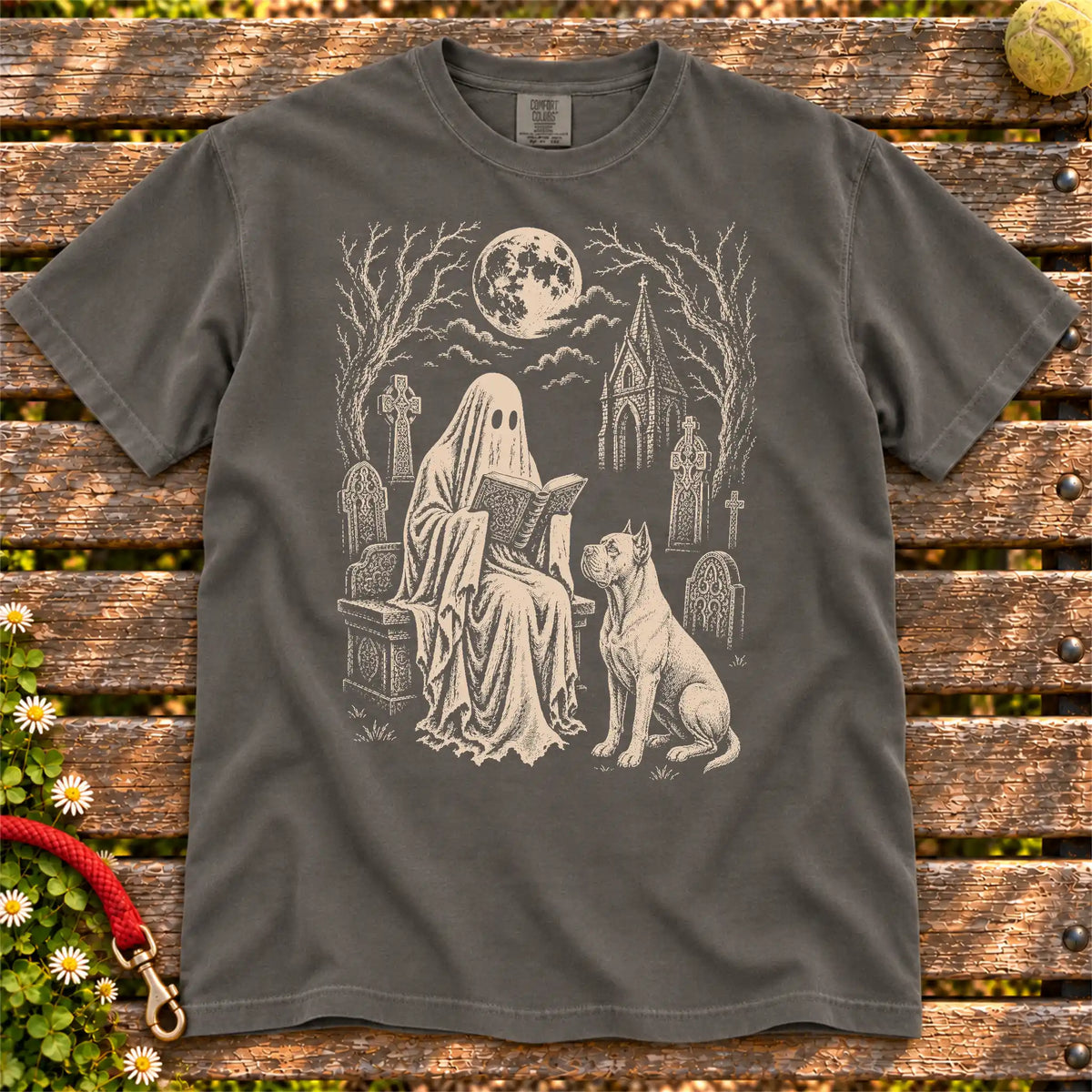 Cane Corso beside a reading ghost in a moonlit graveyard on a Pepper Comfort Colors® T-shirt