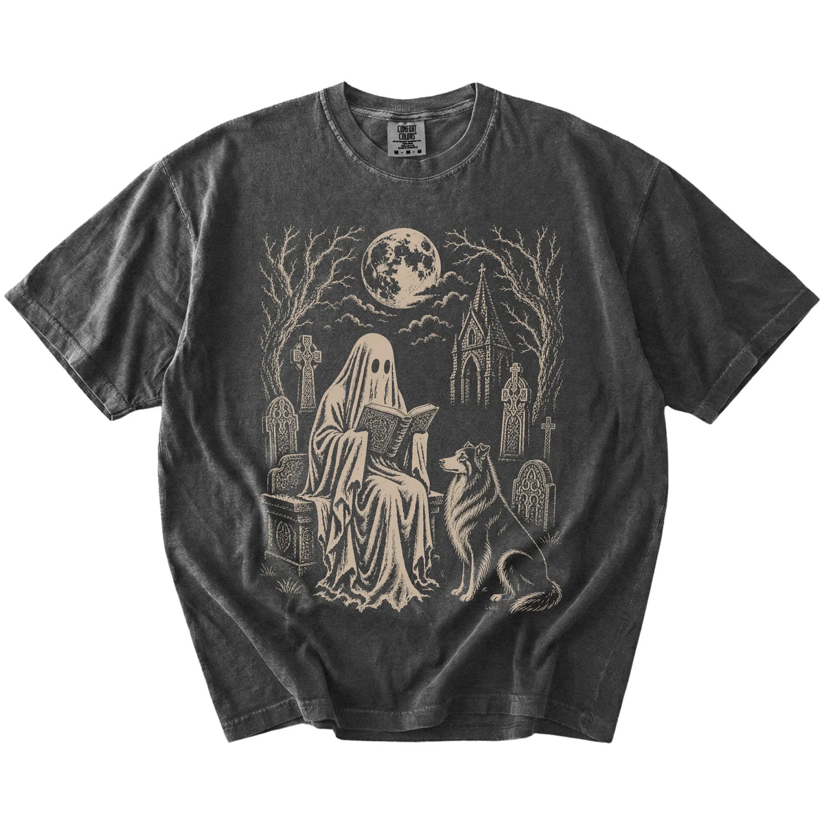 Collie beside a reading ghost in a moonlit graveyard on a Pepper Comfort Colors® T-shirt