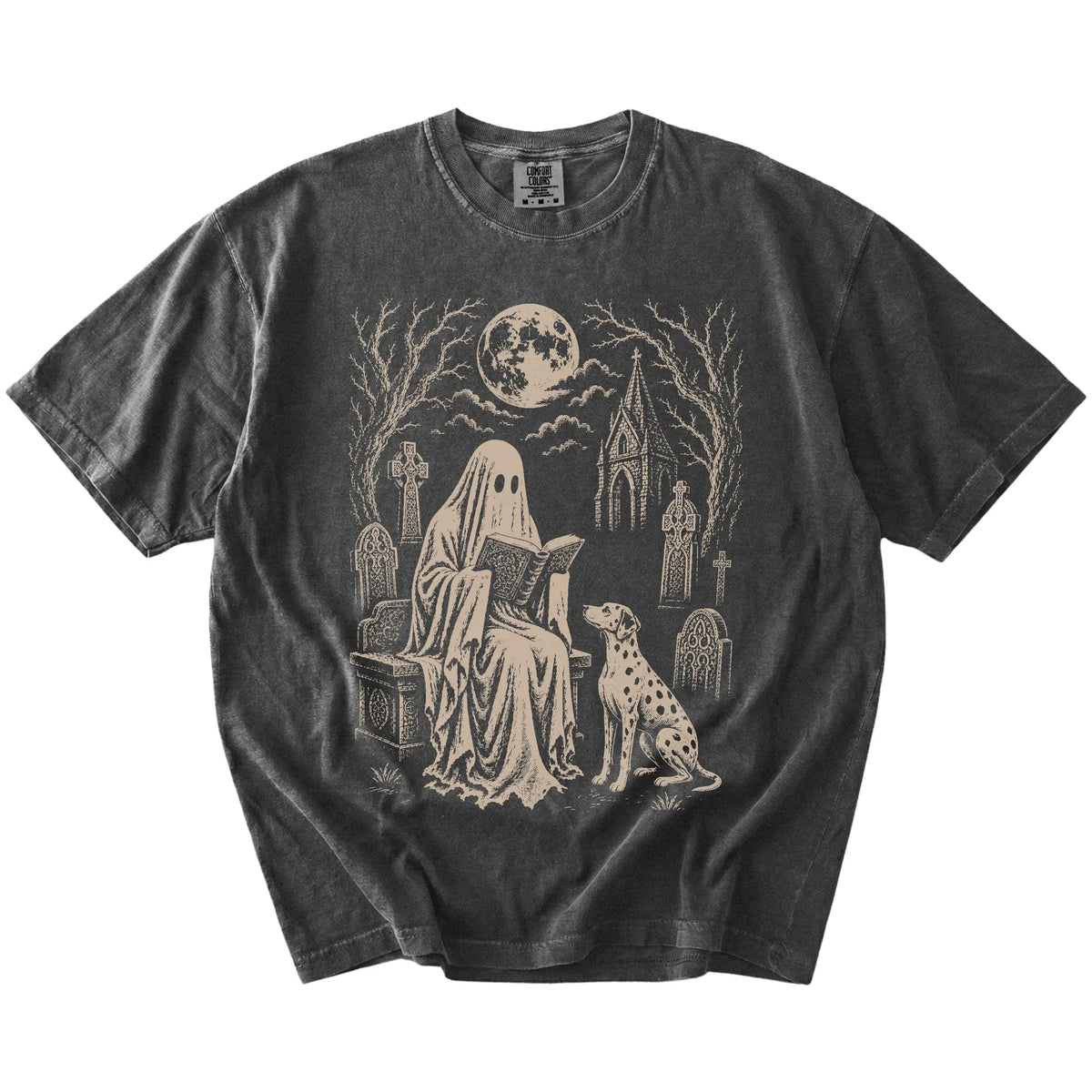 Dalmatian beside a reading ghost in a moonlit graveyard on a Pepper Comfort Colors® T-shirt