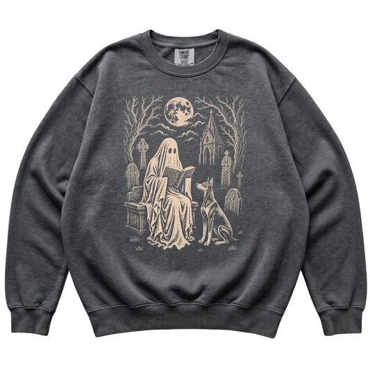 Doberman Ghost Reading sweatshirt in Pepper, flat lay view