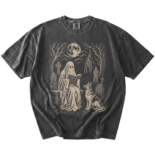 German Shepherd beside a reading ghost in a moonlit graveyard on a Pepper Comfort Colors® T-shirt