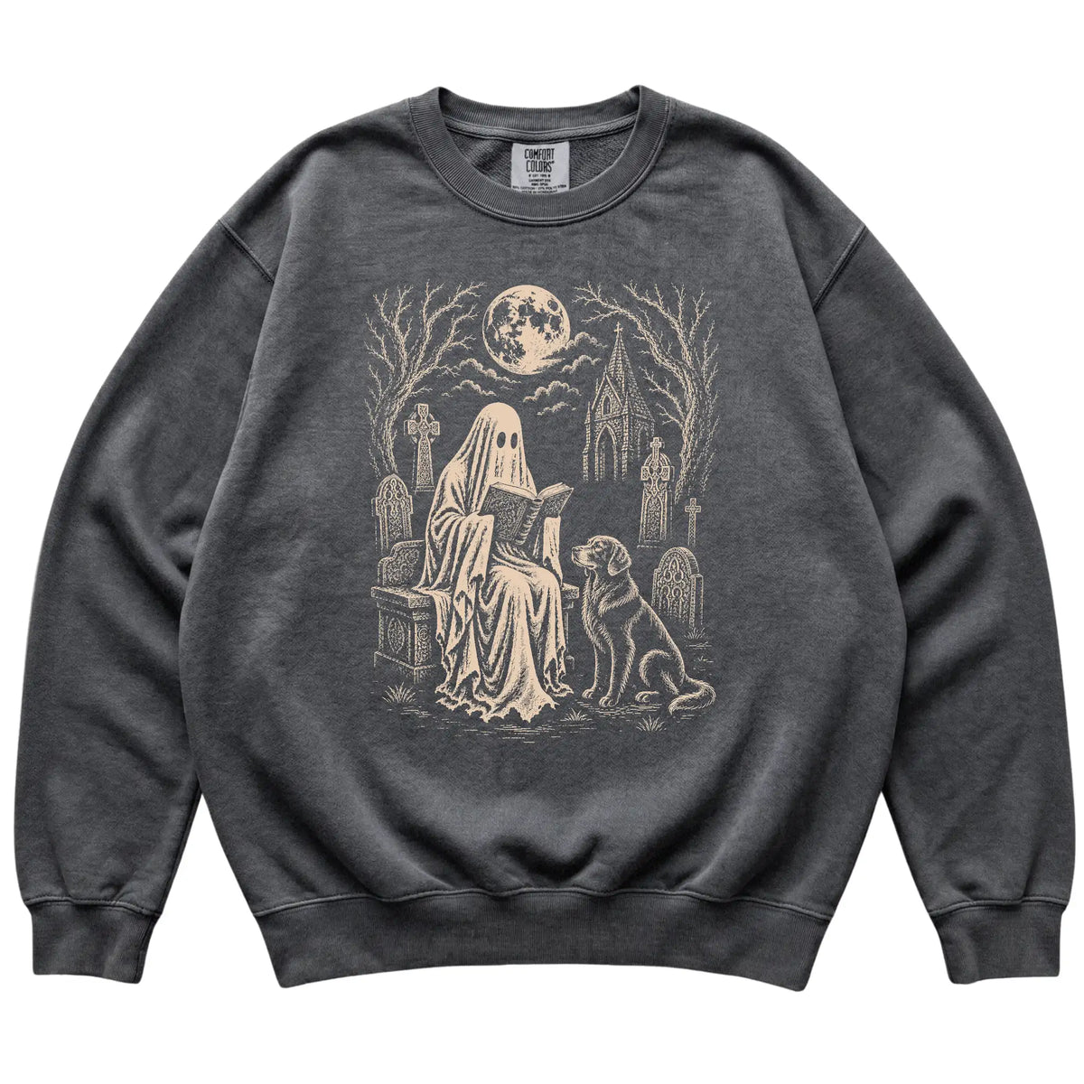 Golden Retriever Ghost Reading sweatshirt in Pepper, flat lay view