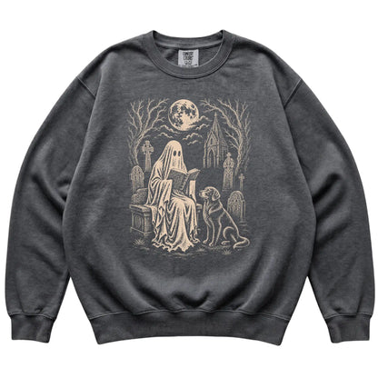 Golden Retriever Ghost Reading sweatshirt in Pepper, flat lay view