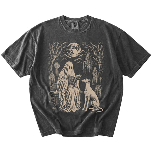 Greyhound beside a reading ghost in a moonlit graveyard on a Pepper Comfort Colors® T-shirt