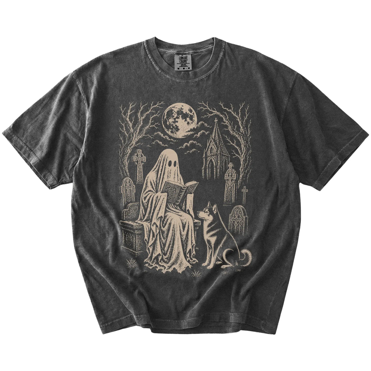 Husky beside a reading ghost in a moonlit graveyard on a Pepper Comfort Colors® T-shirt