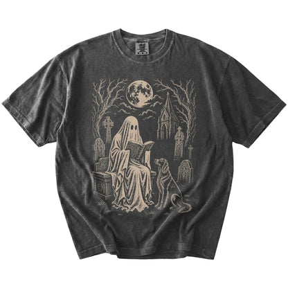 Irish Setter beside a reading ghost in a moonlit graveyard on a Pepper Comfort Colors® T-shirt