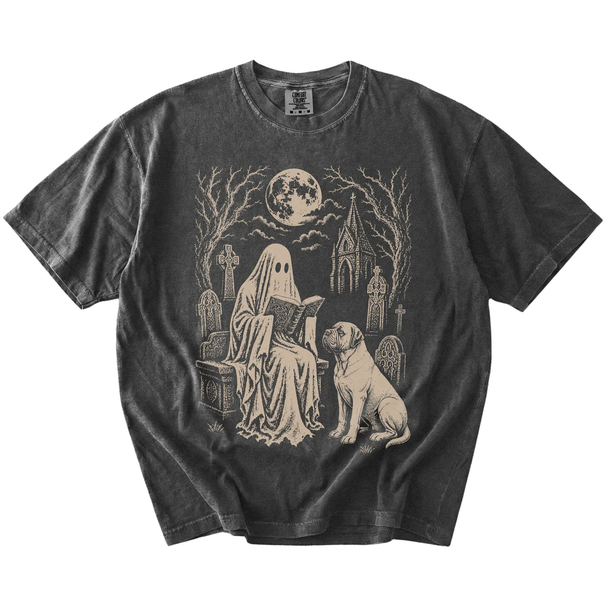 Mastiff beside a reading ghost in a moonlit graveyard on a Pepper Comfort Colors® T-shirt
