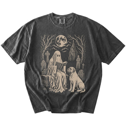 Mastiff beside a reading ghost in a moonlit graveyard on a Pepper Comfort Colors® T-shirt