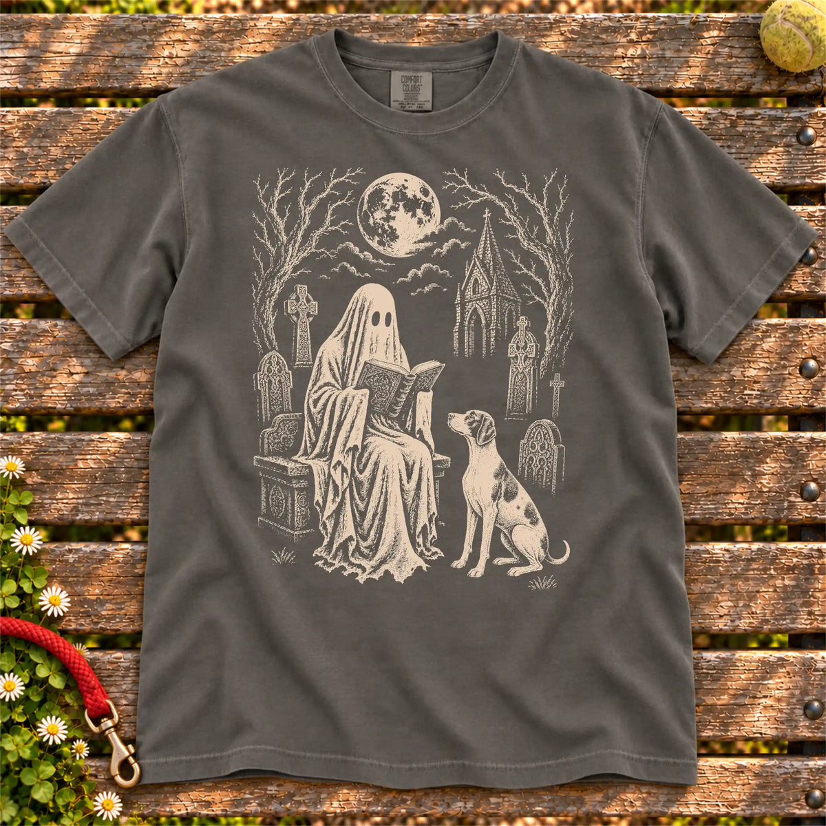 Pointer beside a reading ghost in a moonlit graveyard on a Pepper Comfort Colors® T-shirt