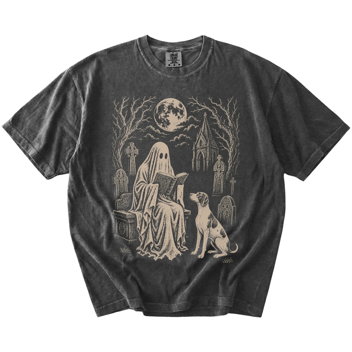 Pointer beside a reading ghost in a moonlit graveyard on a Pepper Comfort Colors® T-shirt