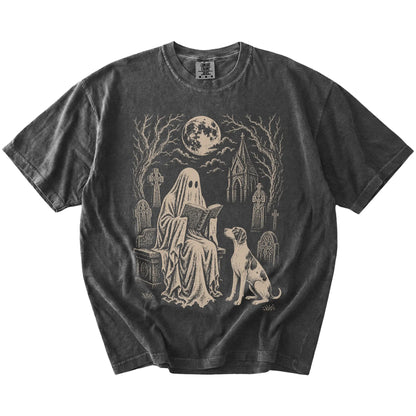 Pointer beside a reading ghost in a moonlit graveyard on a Pepper Comfort Colors® T-shirt