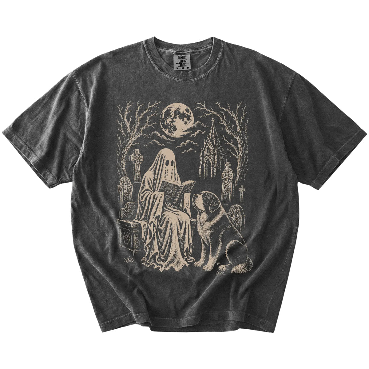 Saint Bernard beside a reading ghost in a moonlit graveyard on a Pepper Comfort Colors® T-shirt