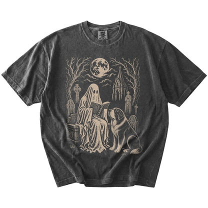Saint Bernard beside a reading ghost in a moonlit graveyard on a Pepper Comfort Colors® T-shirt