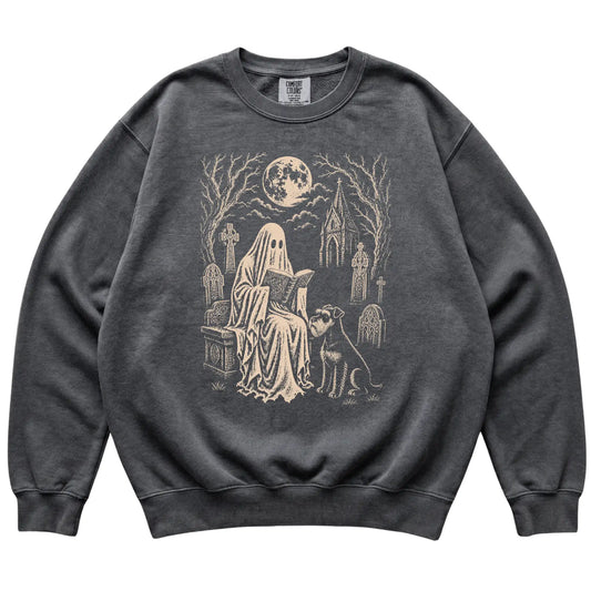 Schnauzer Ghost Reading sweatshirt in Pepper, flat lay view