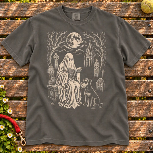 Schnauzer beside a reading ghost in a moonlit graveyard on a Pepper Comfort Colors® T-shirt