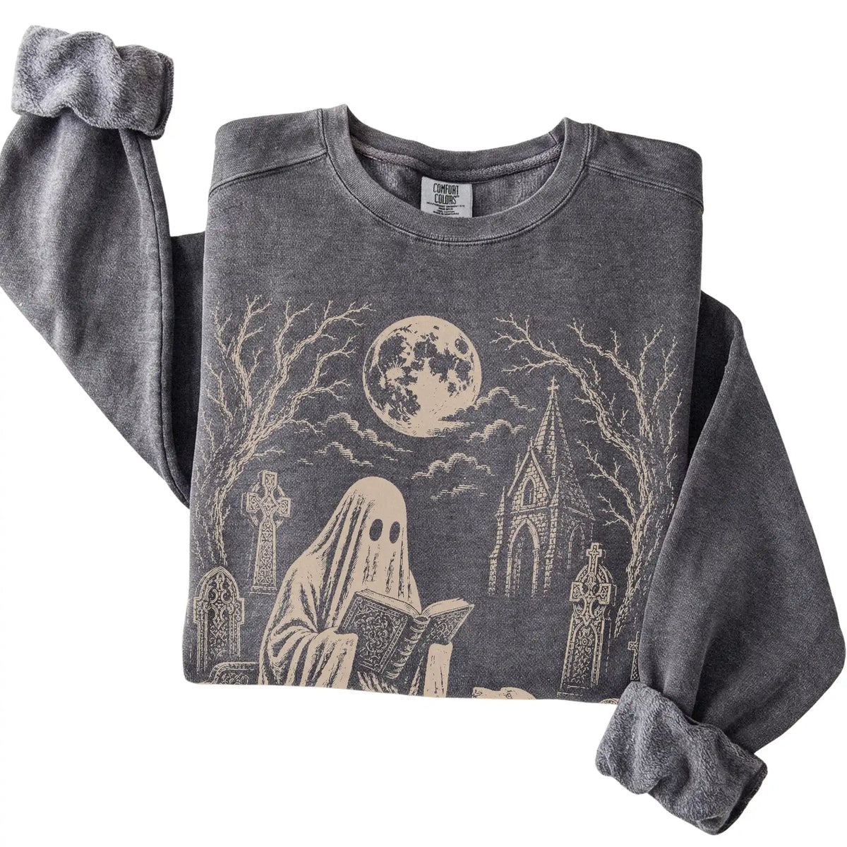 Vizsla Ghost Reading sweatshirt in Pepper, folded detail view