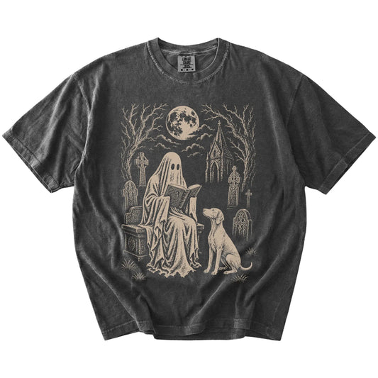 Vizsla beside a reading ghost in a moonlit graveyard on a Pepper Comfort Colors® T-shirt