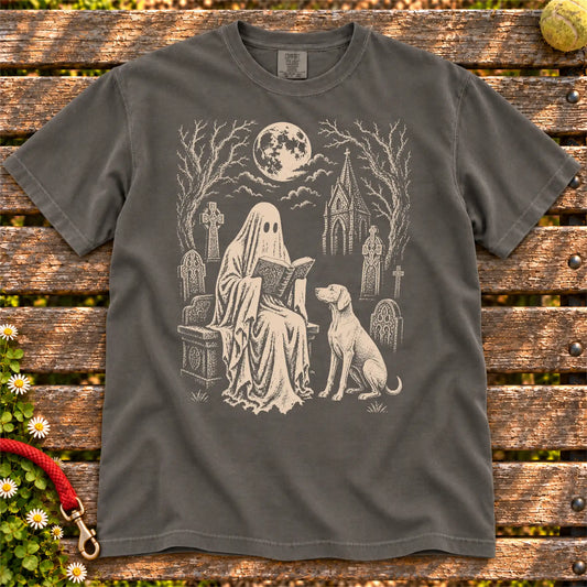 Weimaraner beside a reading ghost in a moonlit graveyard on a Pepper Comfort Colors® T-shirt