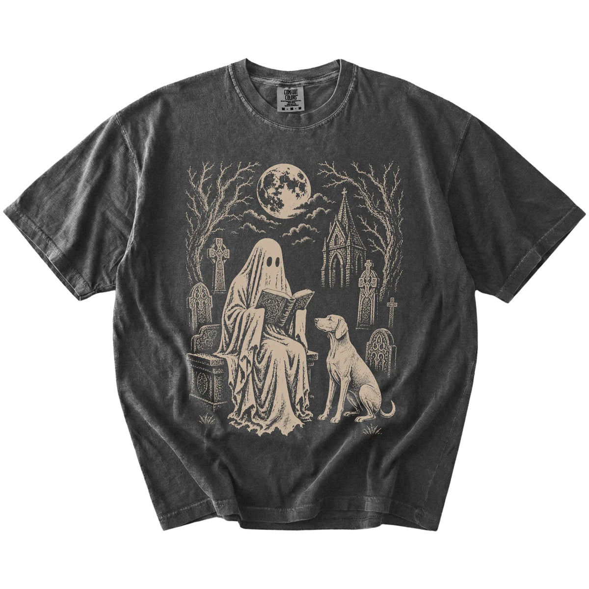 Weimaraner beside a reading ghost in a moonlit graveyard on a Pepper Comfort Colors® T-shirt