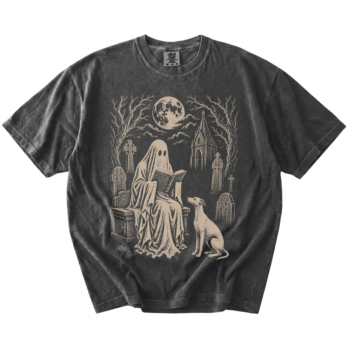 Whippet beside a reading ghost in a moonlit graveyard on a Pepper Comfort Colors® T-shirt