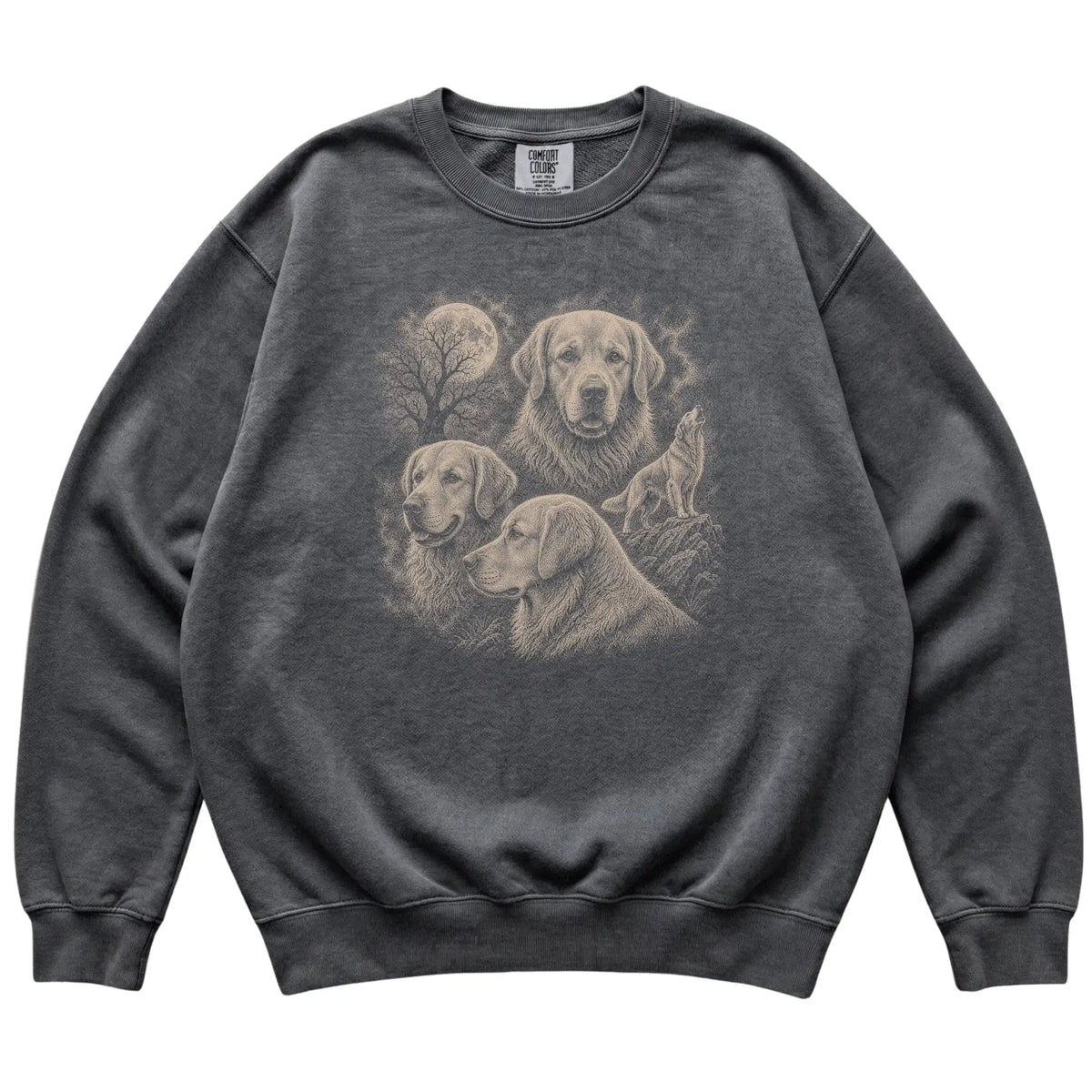 Golden Retriever 90s Moon Sweatshirt in Pepper — flat lay