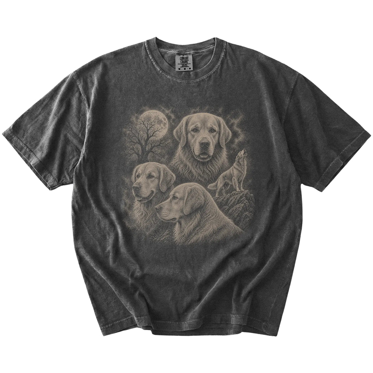 Vintage moon montage featuring Golden Retriever on a Pepper Comfort Colors® T-shirt