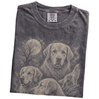 Folded Pepper Comfort Colors® T-shirt showing a vintage moon montage featuring Golden Retriever