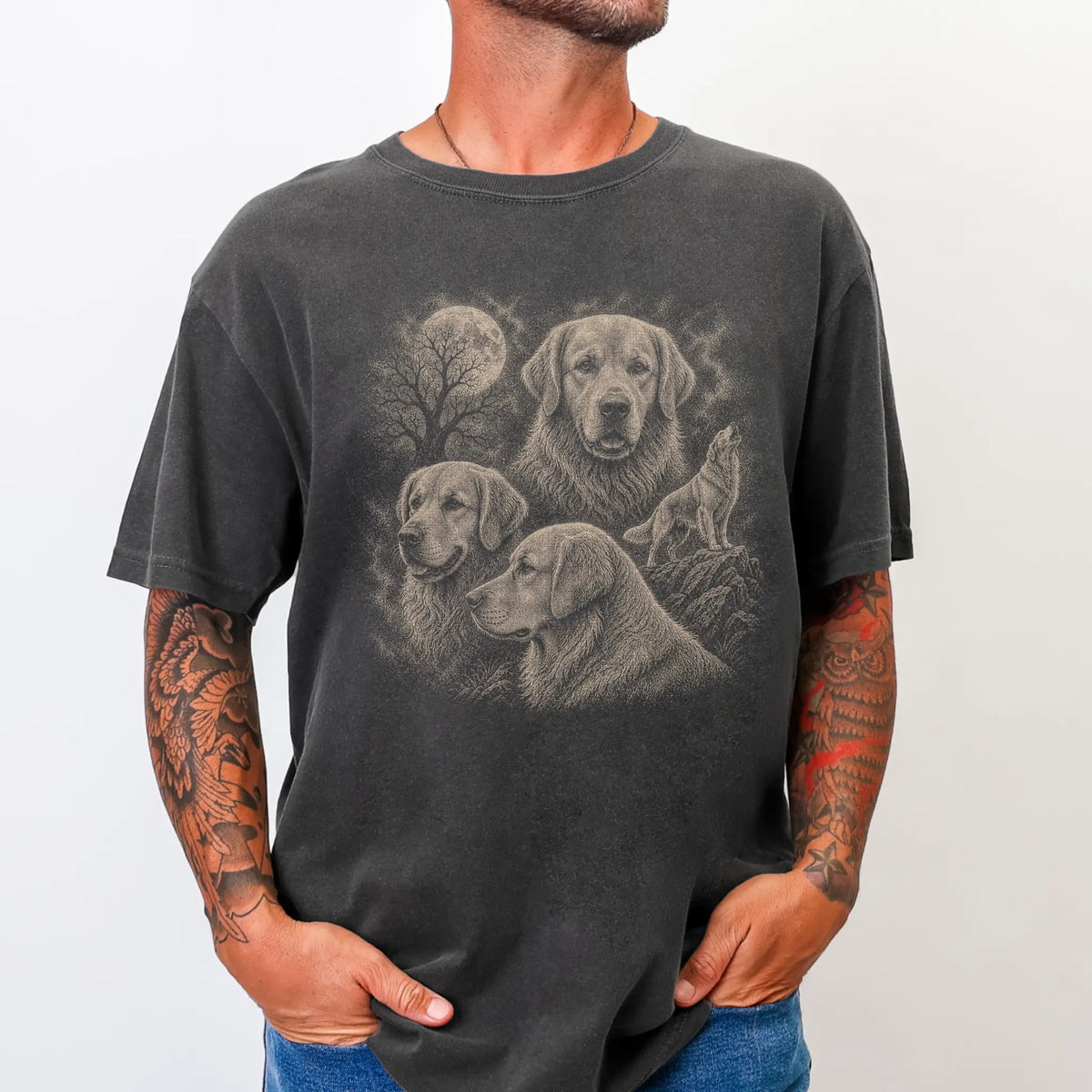 Model wearing a Pepper Comfort Colors® T-shirt with a vintage moon montage featuring Golden Retriever