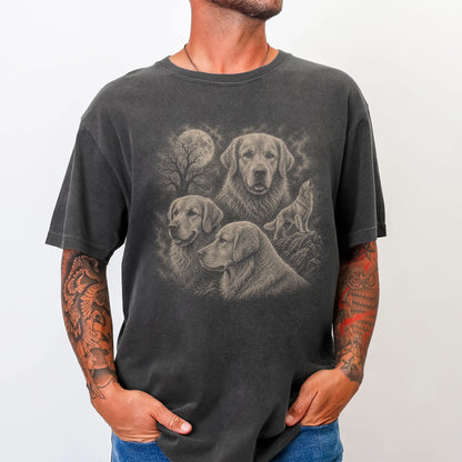 Model wearing a Pepper Comfort Colors® T-shirt with a vintage moon montage featuring Golden Retriever