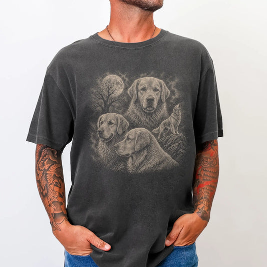 Model wearing a Pepper Comfort Colors® T-shirt with a vintage moon montage featuring Golden Retriever