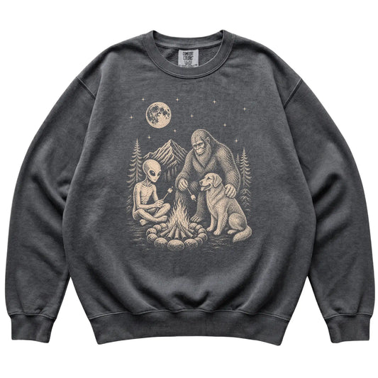 Pepper Golden Retriever Camping with Bigfoot and Alien shirt laid flat