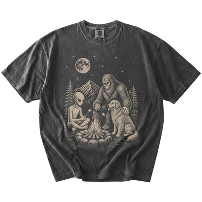 Golden Retriever camping with Bigfoot and an alien on a Pepper Comfort Colors® T-shirt