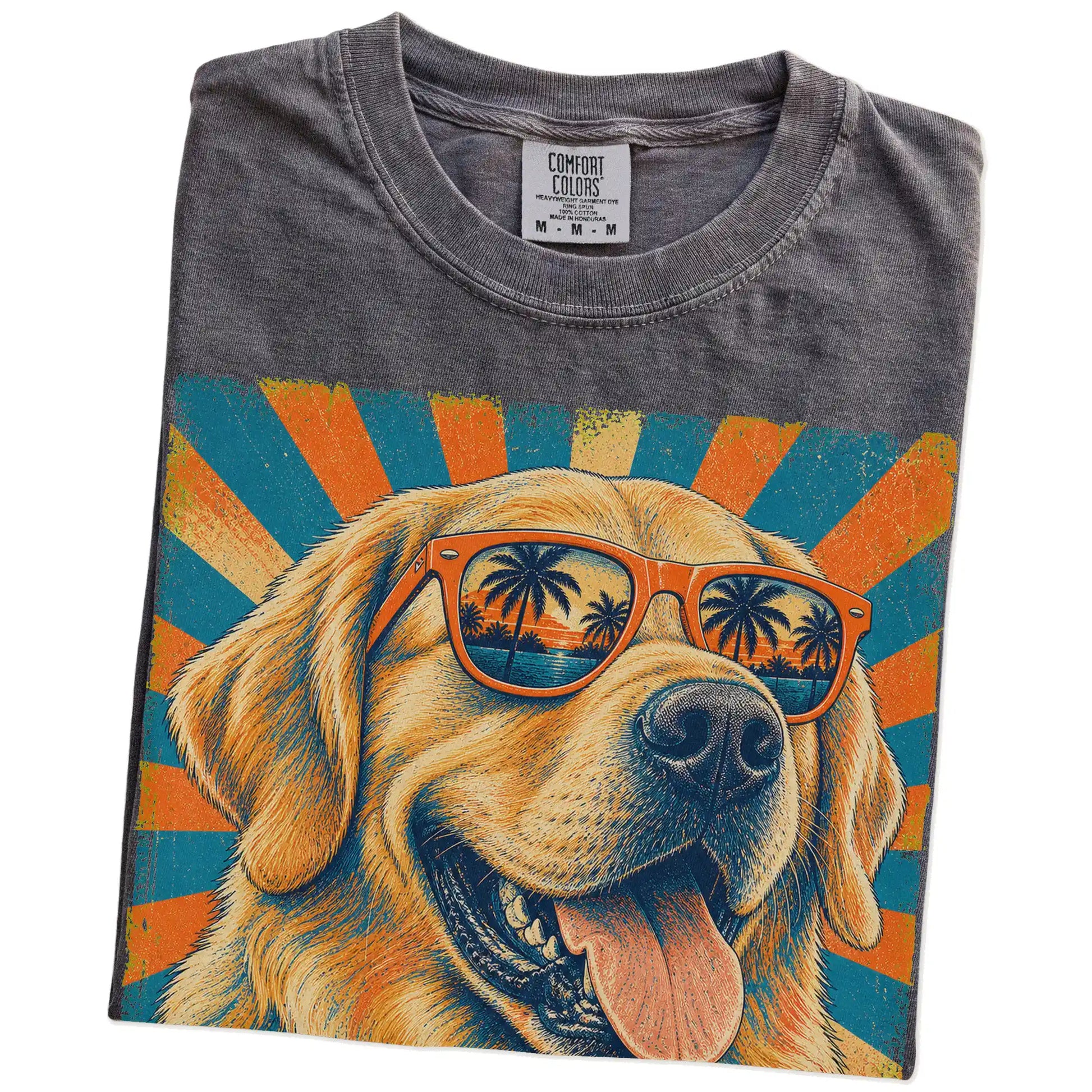 Retro Golden Retriever Dad design on a Pepper Comfort Colors T-shirt folded detail