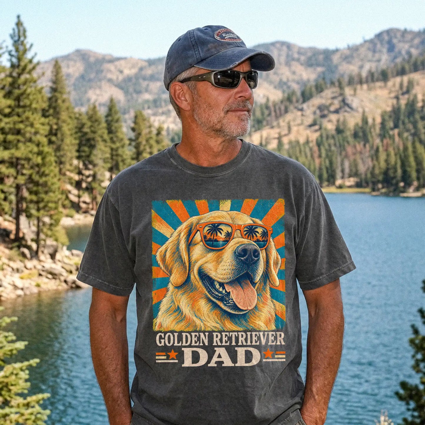 Retro Golden Retriever Dad design on a Pepper Comfort Colors T-shirt worn by a model