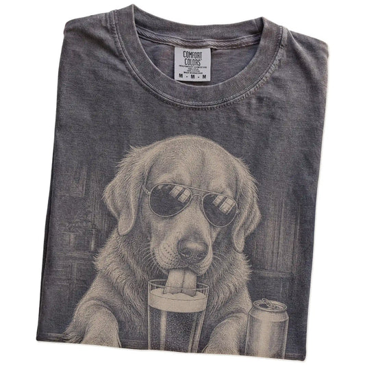 Folded Pepper Comfort Colors® t-shirt showing Golden Retriever sneaking a drink from a pint