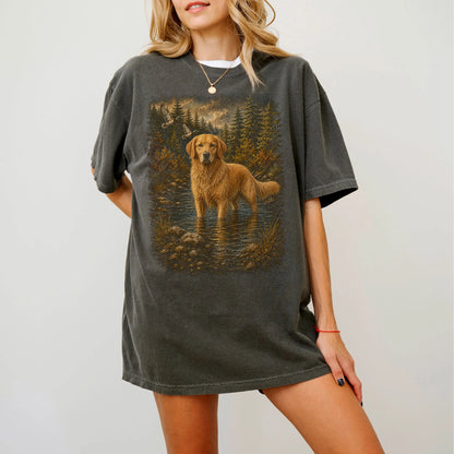 Woman wearing a Pepper Golden Retriever Duck Hunting T-Shirt