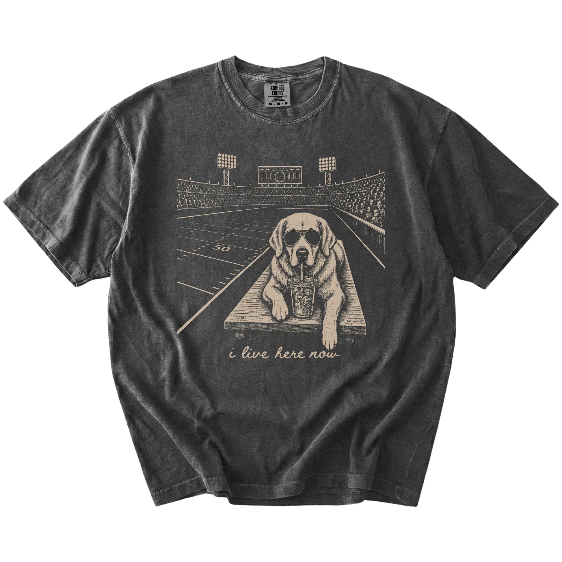 Golden Retriever ready for football and tailgate season on a Pepper Comfort Colors® T-shirt