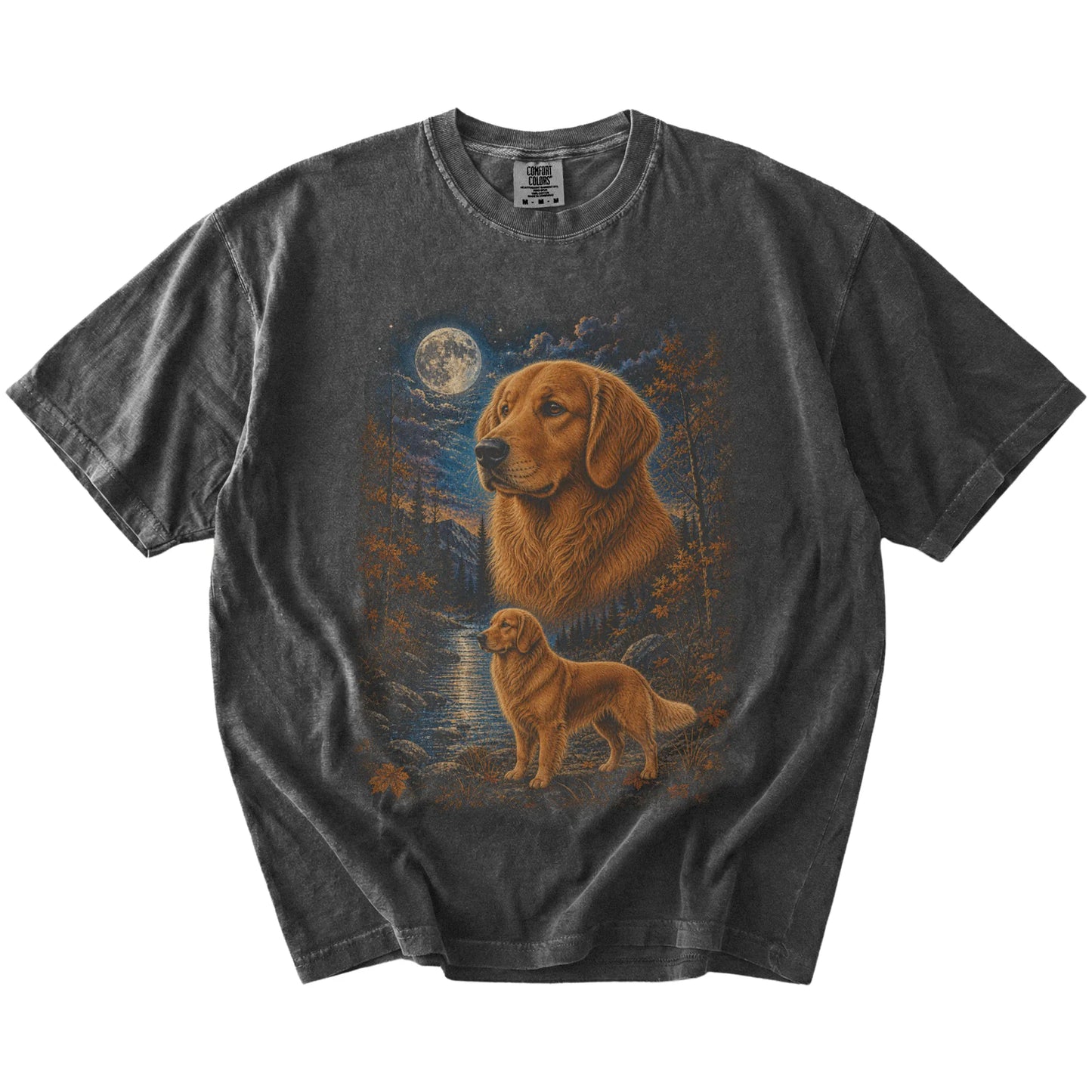 Golden Retriever in a moonlit fall forest scene on a Pepper Comfort Colors® t-shirt