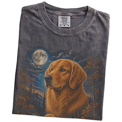 Folded Pepper Comfort Colors® t-shirt showing Golden Retriever in a fall forest graphic