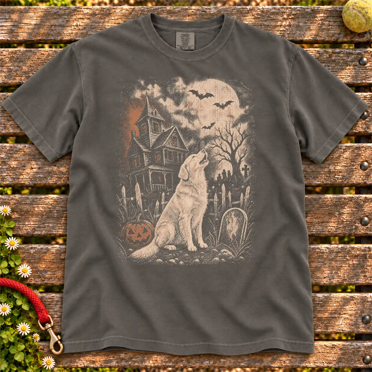 Haunted House Golden Retriever T-Shirt in Pepper