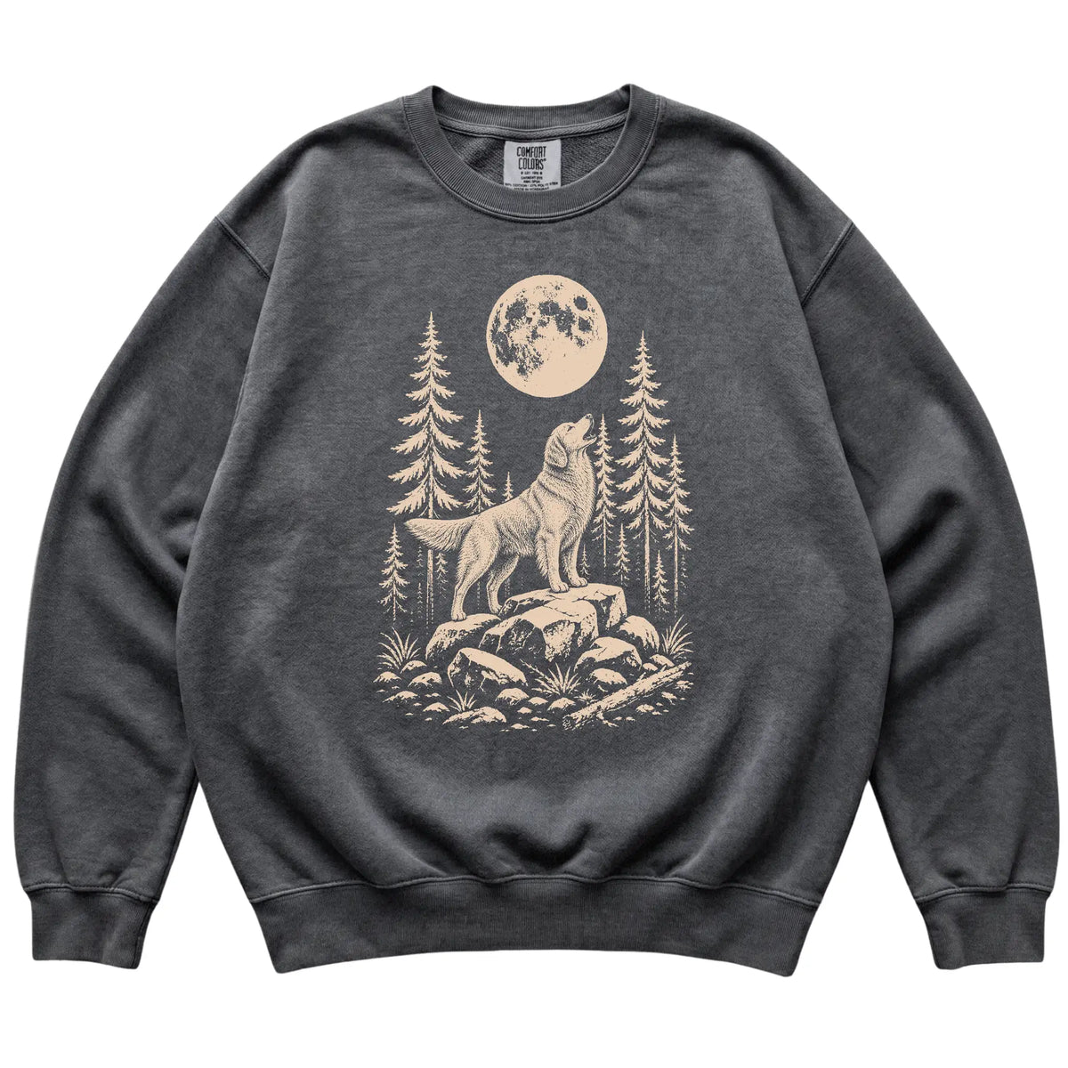Close view of Golden Retriever Howling at the Moon artwork on Pepper Comfort Colors sweatshirt