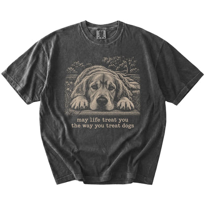 Golden Retriever Karma Comfort Colors T-shirt in Pepper — Flat Lay