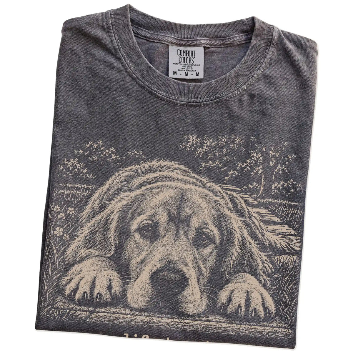 Golden Retriever Karma Comfort Colors T-shirt in Pepper — Folded Detail