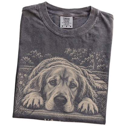 Golden Retriever Karma Comfort Colors T-shirt in Pepper — Folded Detail