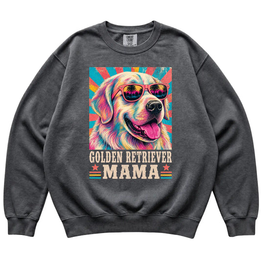 Retro Golden Retriever Mama design on a Pepper Comfort Colors sweatshirt