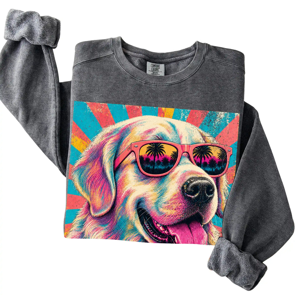 Folded Pepper Comfort Colors sweatshirt with a Retro Golden Retriever Mama design