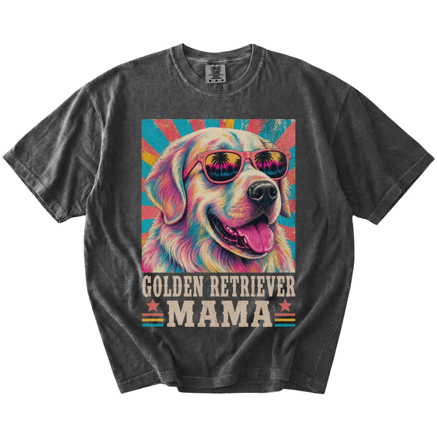 Retro Golden Retriever Mama design on a Pepper Comfort Colors T-shirt