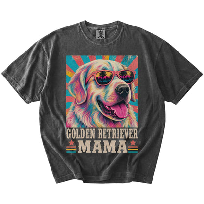 Retro Golden Retriever Mama design on a Pepper Comfort Colors T-shirt