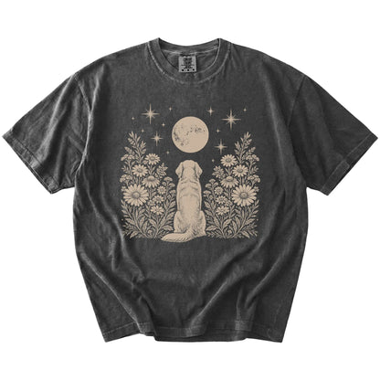 Golden Retriever beneath a wildflower moon on a Pepper Comfort Colors® T-shirt