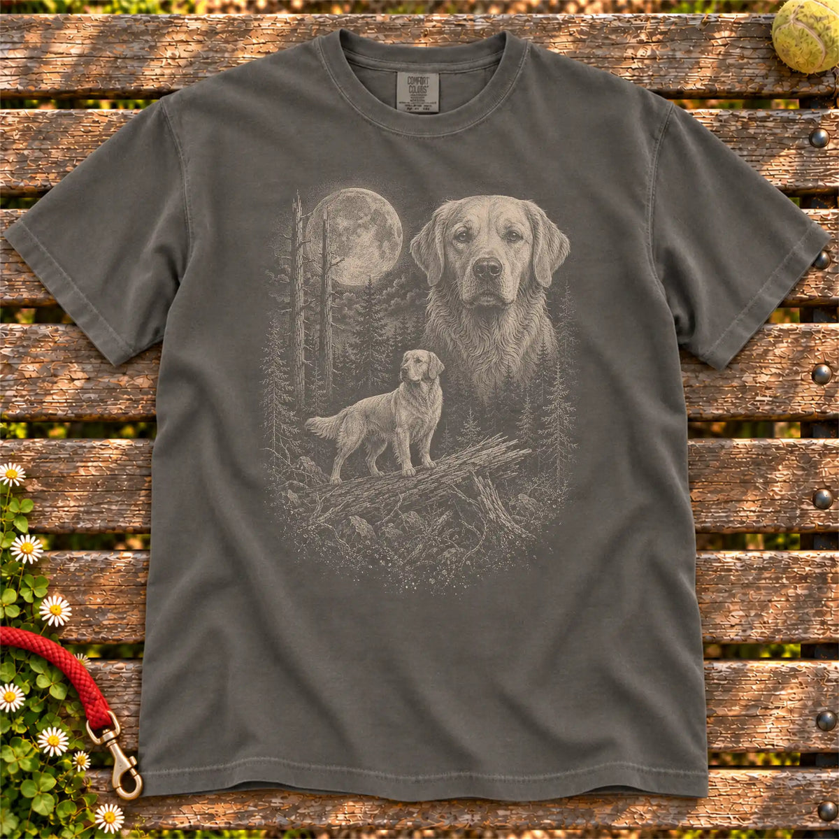 Golden Retriever Moonlit Forest design on a Pepper T-shirt shown flat